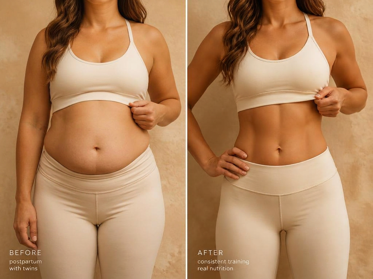 Before and after postpartum transformation after twins — Nadia K.